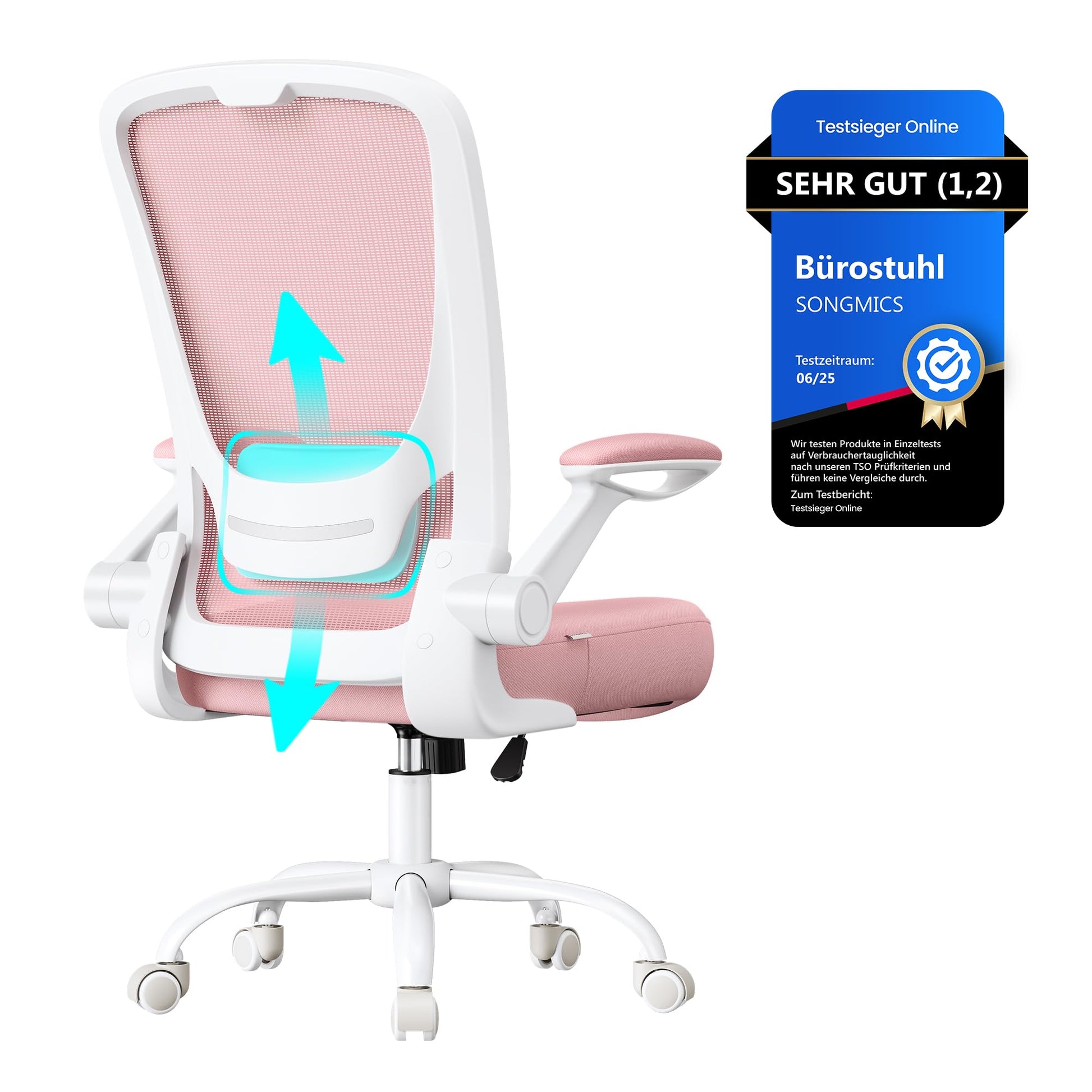 SONGMICS Bürostuhl ergonomisch, Drehstuhl mit Mesh, pastellrosa – Netzrücken, klappbare Armlehnen und Metallfusskreuz
