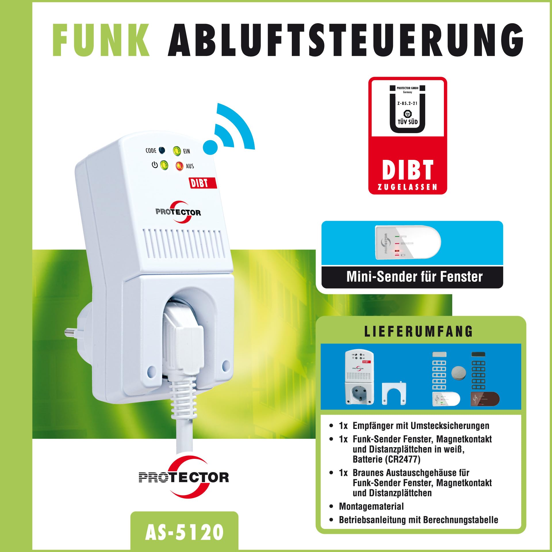 PROTECTOR AS-5120 Funk-Abluftsteuerung mit Fensterkontaktschalter und Funksteckdose