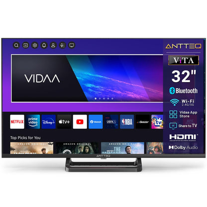 Antteq Smart TV 32 Zoll Fernseher – HD Bluetooth Triple Tuner. Schwarzes Display für HD-Empfang & Streaming.