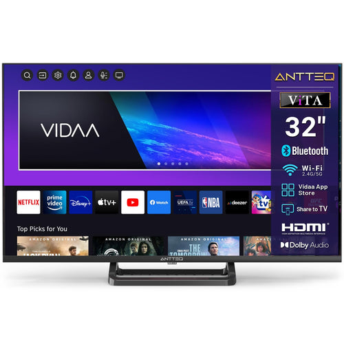 Antteq Smart TV 32 Zoll Fernseher – HD Bluetooth Triple Tuner. Schwarzes Display für HD-Empfang & Streaming.