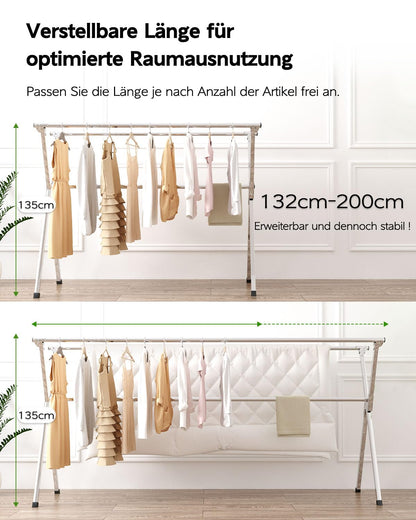Vikaqi Wäscheständer Edelstahl faltbar, 200 cm, für innen und aussen