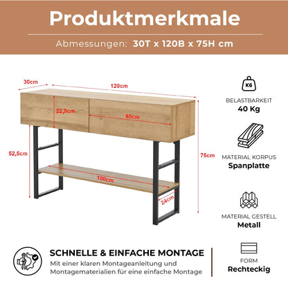 en.casa Varberg Konsolentisch schmal – Eicheoptik, 2 Schubladen