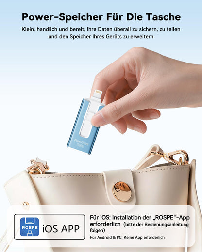 SUDEHO USB Stick 256 GB MFi Lightning/USB-C – Blau