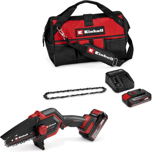 Einhell GE-PS 18/15 Li Akku-Astkettensäge – Power X-Change Bag Kit. Orange-schwarzes Gerät mit Sägekette für Baumpflegearbeiten.