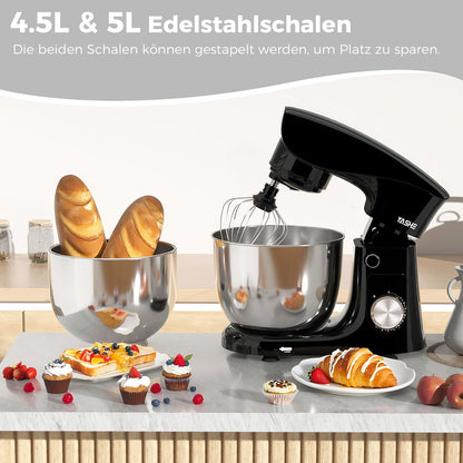 YASHE Küchenmaschine 1500W - 4.5+5L Edelstahlschüsseln