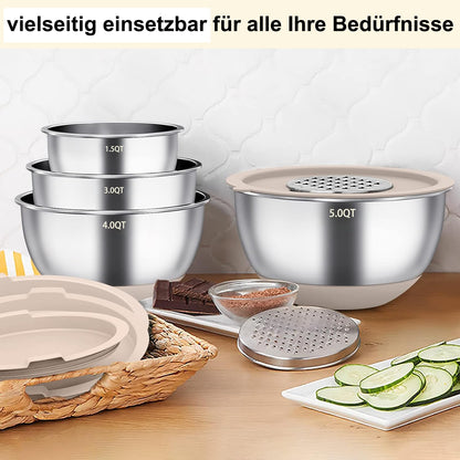 Terlulu Rührschüssel Set Edelstahl, 6-teilig mit Deckel, Khaki