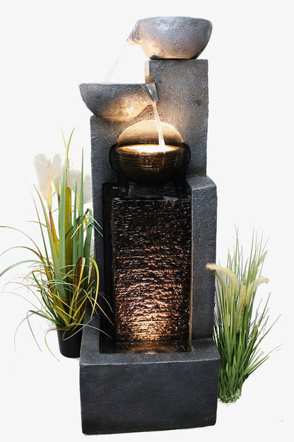 Arnusa Gartenbrunnen BK843 mit LED-Wasserfall, 109 cm, Steinoptik Grau