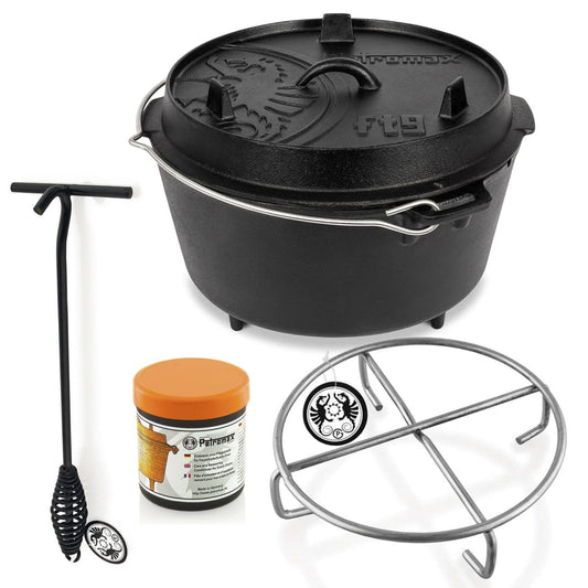 Petromax Feuertopf ft9 Dutch Oven – Einsteiger-Set 7.5L. Runder, schwarzer Gusseisentopf mit Deckel zum Kochen, Backen, Schmoren über Glut.