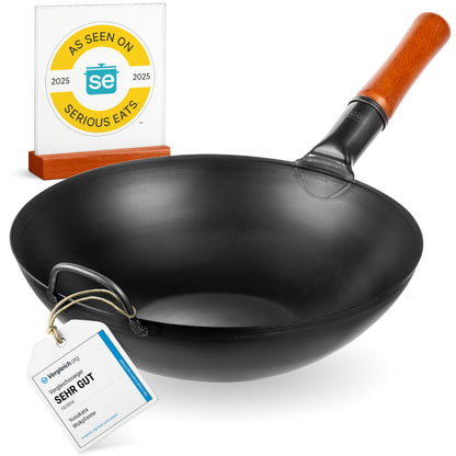 YOSUKATA Karbonstahl Wok 34 cm, flacher Boden, voreingebrannt, mit Holzgriff, handgehämmert