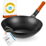 YOSUKATA Karbonstahl Wok 34 cm, flacher Boden, voreingebrannt, mit Holzgriff, handgehämmert