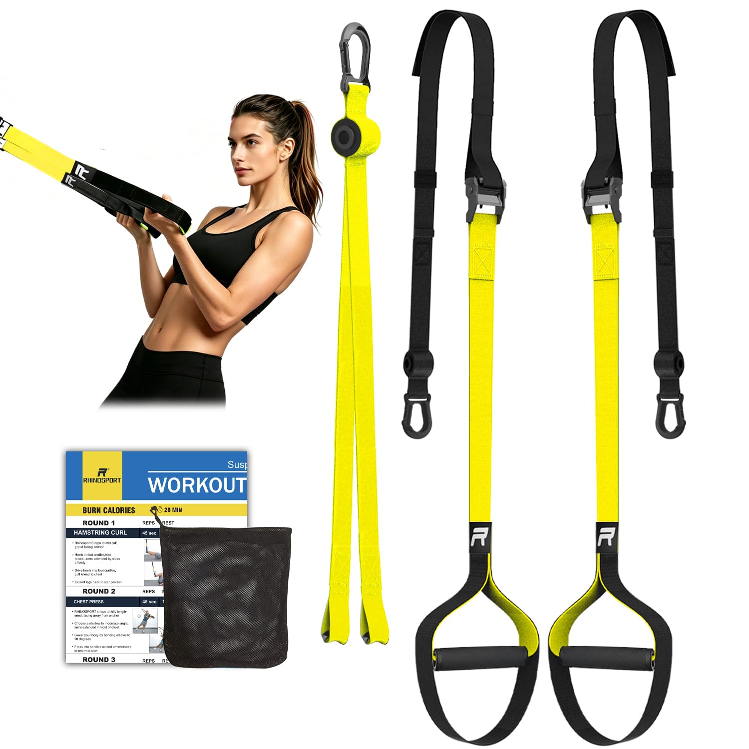 RHINOSPORT Schlingentrainer für Ganzkörpertraining, Gelb, Polyester-Gurtband mit rutschfesten Gummigriffen
