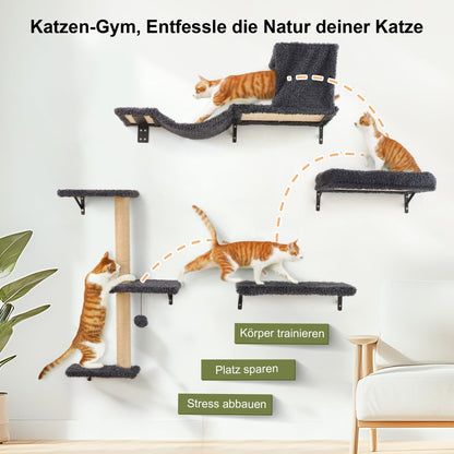 FUKUMARU Katzen Kletterwand Set Holz 10-teilig – Grau