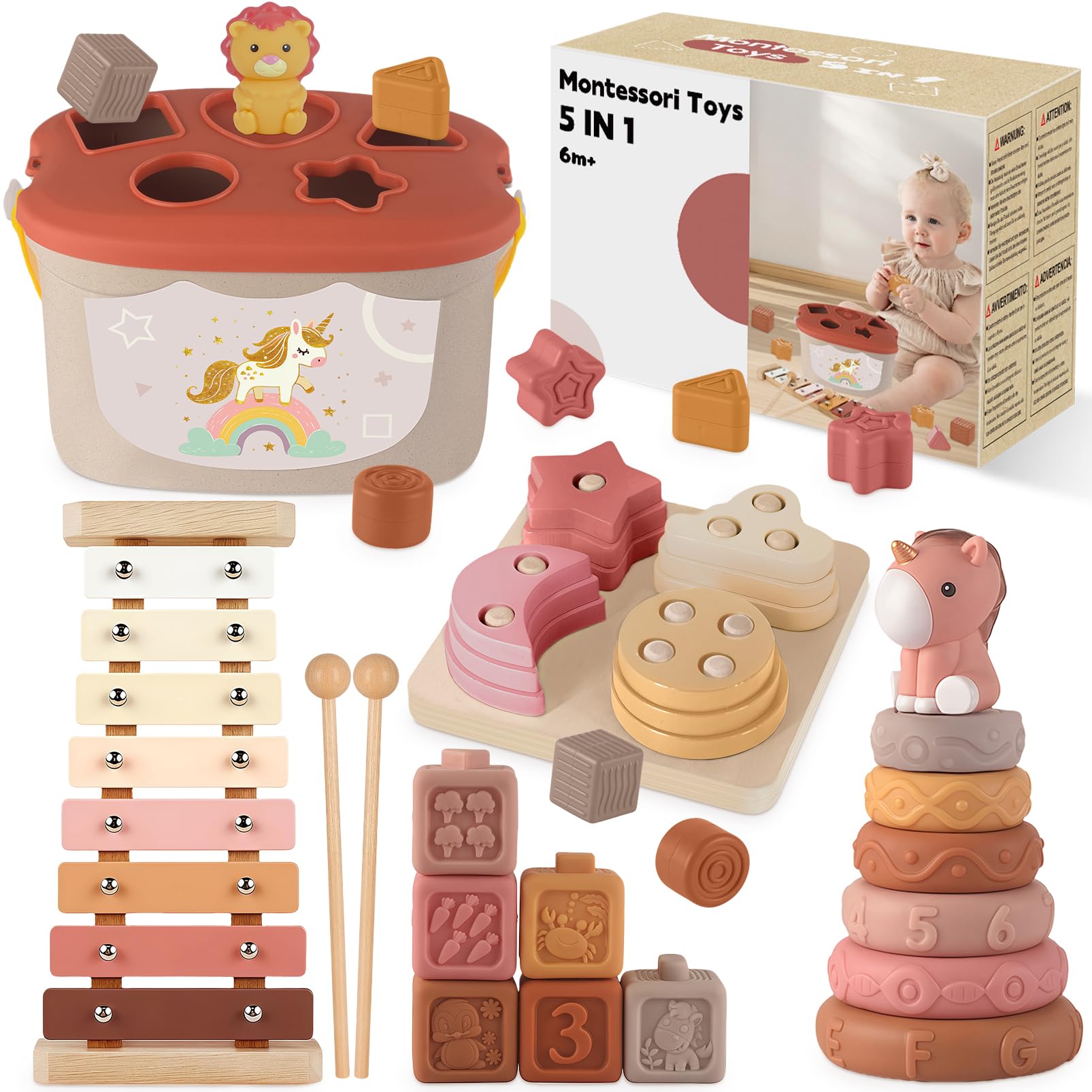 Almaxi 5-in-1 Montessori-Spielzeug ab 6 Monate, Motorikspielzeug aus Holz, Silikon und ABS-Kunststoff