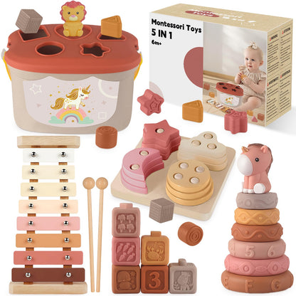 Almaxi 5-in-1 Montessori-Spielzeug ab 6 Monate, Motorikspielzeug aus Holz, Silikon und ABS-Kunststoff