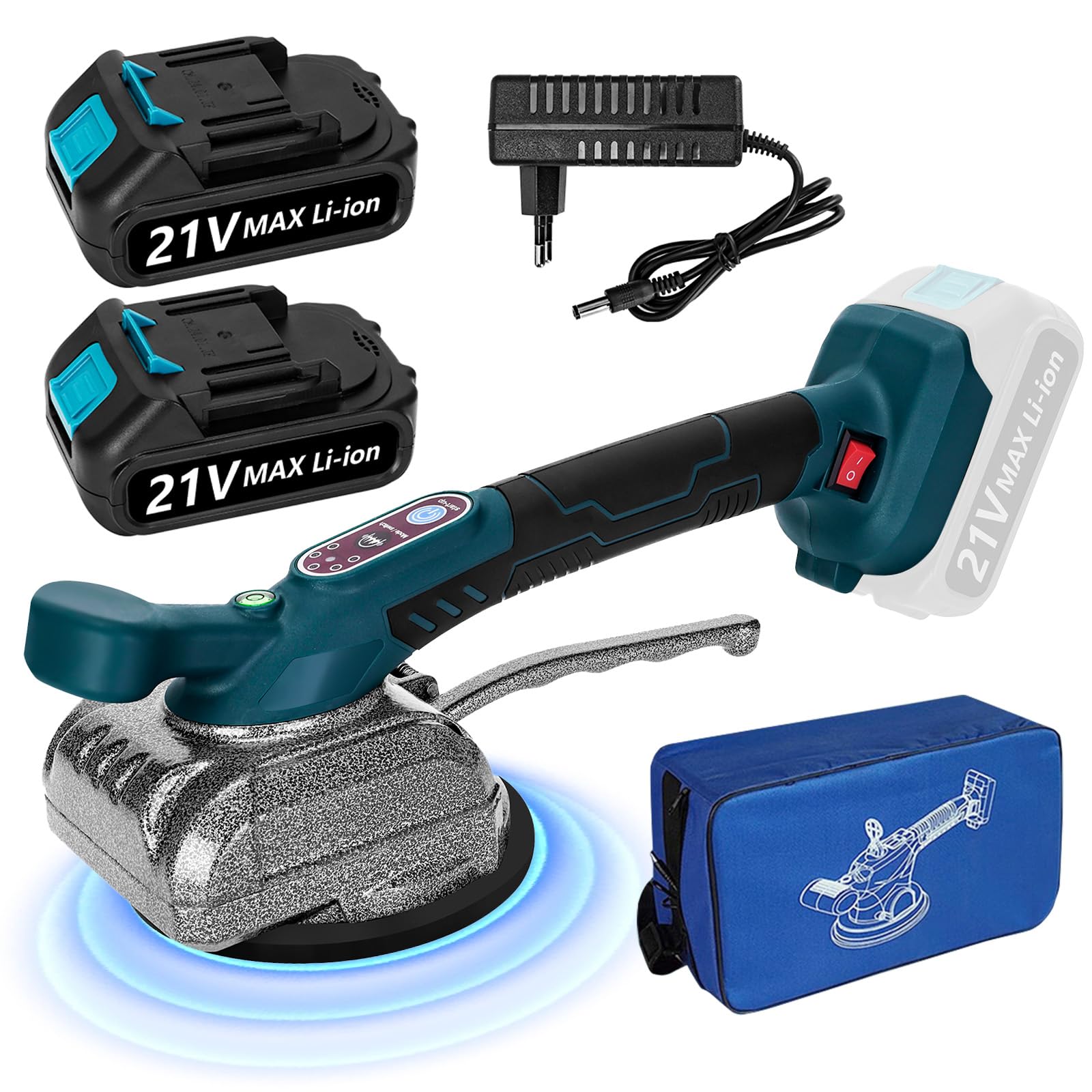 Yofuly Akku Fliesenrüttler 21V Fliesenvibrator, 5 Stufen, 2 Akkus mit Gummisaugnapf