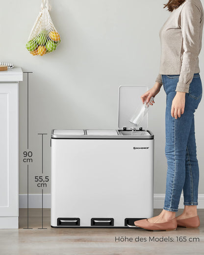 SONGMICS Mülltrennsystem Treteimer 3x18L, 3 Fächer, Wolkenweiss
