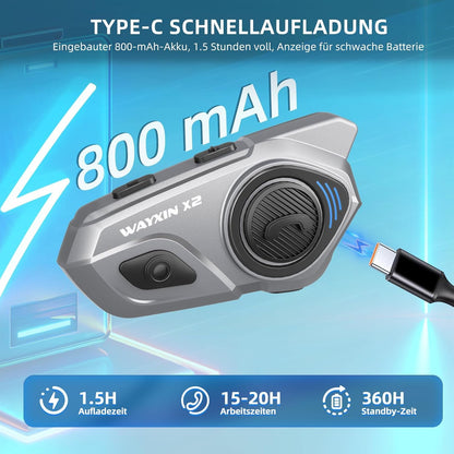WAYXIN X2 Motorrad Intercom Bluetooth Headset mit FM Radio, 2er-Set