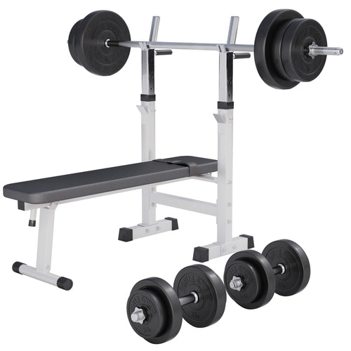 GORILLA SPORTS® Hantelbank mit Langhantelset – Klappbar. Schwarze, klappbare Hantelbank für Krafttraining mit Langhanteln.