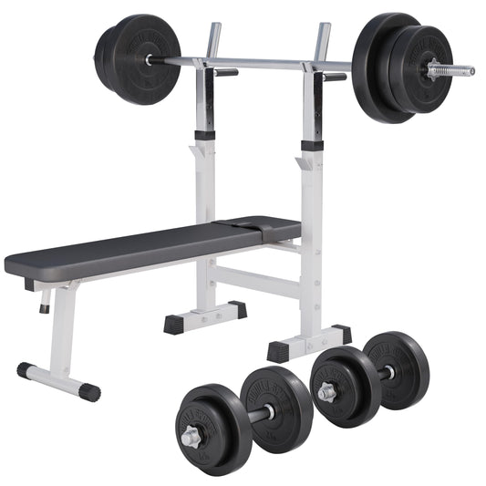 GORILLA SPORTS® Hantelbank mit Langhantelset – Klappbar. Schwarze, klappbare Hantelbank für Krafttraining mit Langhanteln.