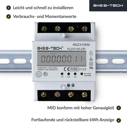 B+G E-Tech Drehstromzähler FLDS100-DR für Hutschiene, 100A, S0, LCD