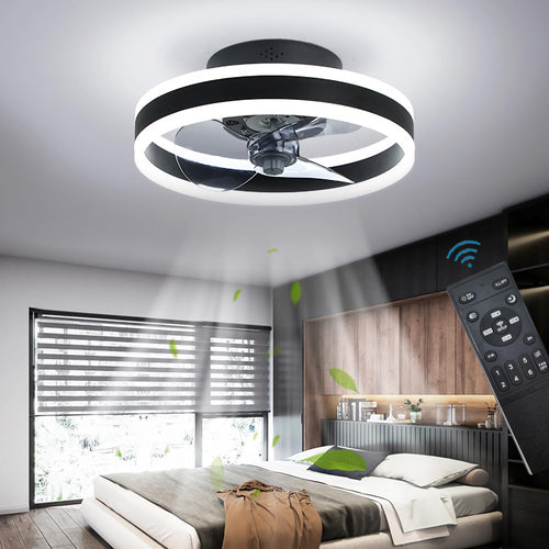 OMGPFR LED Deckenventilator mit Licht, dimmbar, schwarz, 40 cm – Metallgehäuse mit Acrylschirm