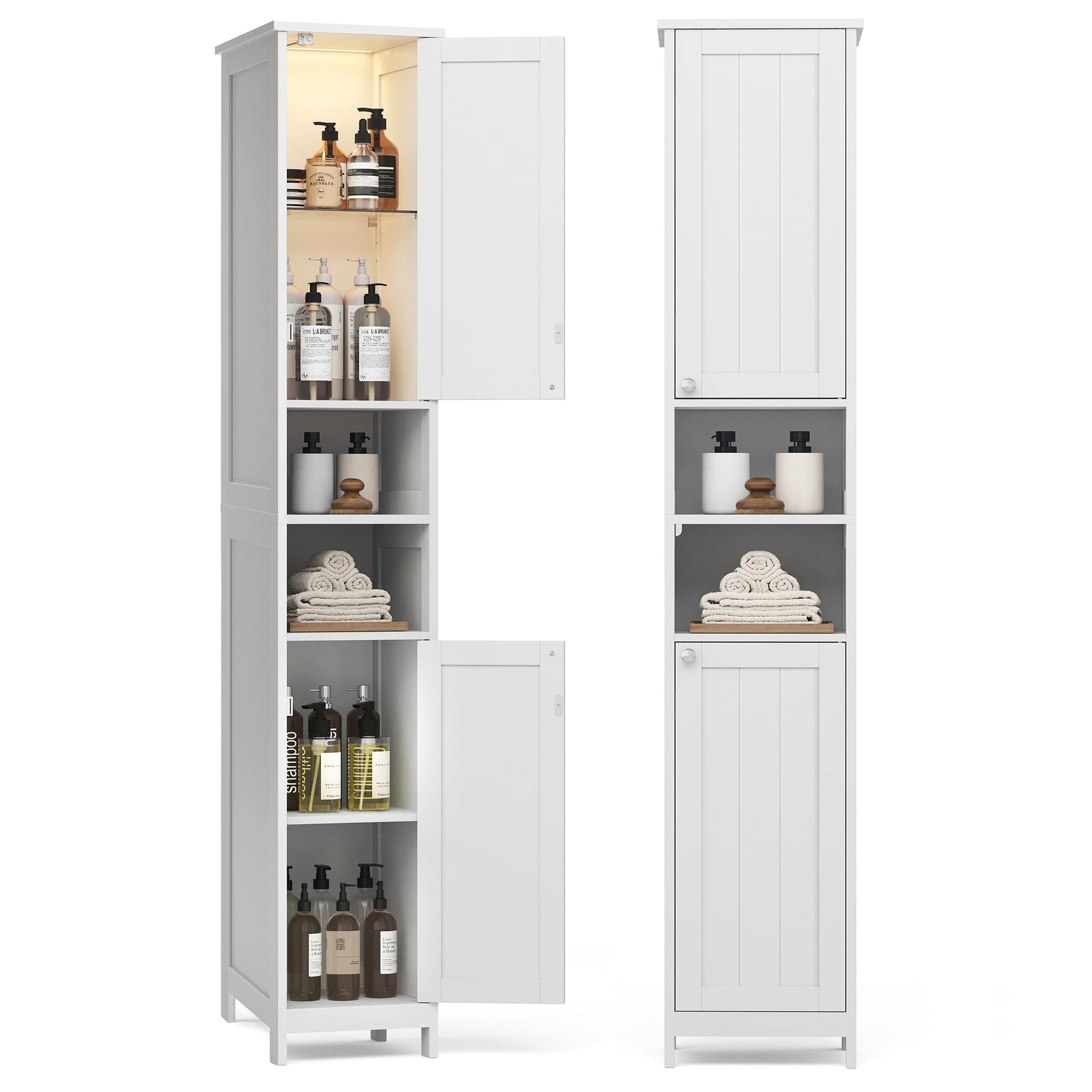 VASAGLE BBC566W03 Bad Hochschrank mit Beleuchtung Wolkenweiss. Integrierte LED-Beleuchtung. Für vertikalen Badstauraum.