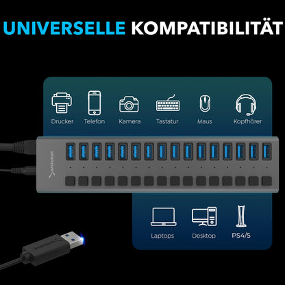 SABRENT 16-Port USB 3.2 Hub aktiv mit 90W Netzteil (HB-PU16)