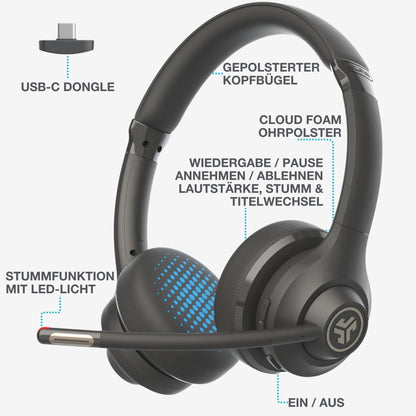 JLab Go Work 2nd Gen Bluetooth Headset mit Mikrofon & USB-C-Dongle