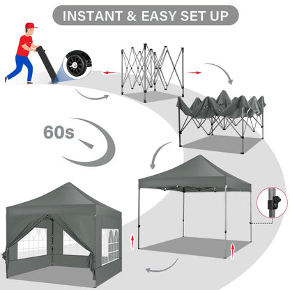COBIZI Faltpavillon 3x3 Wasserdicht Stabil Winterfest mit Seitenwand,Pop Up Pavillon Partyzelt,Sonnenschutz Gartenpavillon,Pavillon Faltbar mit Tasche mit Rollen(3 mal 3m Grau)
