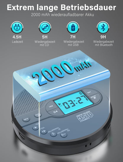 Gracioso CD35 Tragbarer CD-Player mit Bluetooth und FM-Transmitter