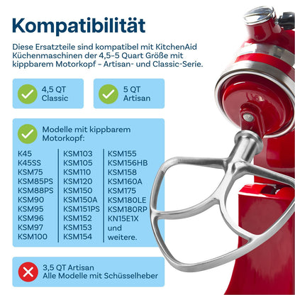 MMOBIEL Schneebesen, Flachrührer & Knethaken Set für KitchenAid