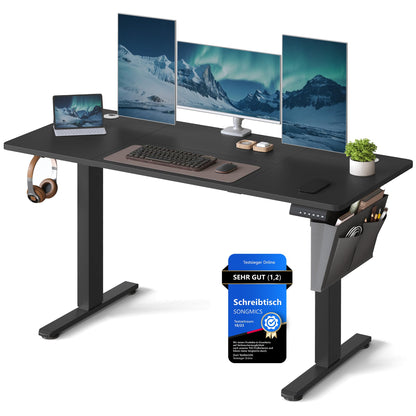 SONGMICS elektrischer Steh-Sitz-Schreibtisch 140x60cm, tintenschwarz. Höhenverstellbarer Arbeitsplatz für ergonomische Haltung.