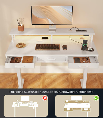 OffiGo Elektrischer Schreibtisch Höhenverstellbar 120cm Weiss m. Schubladen