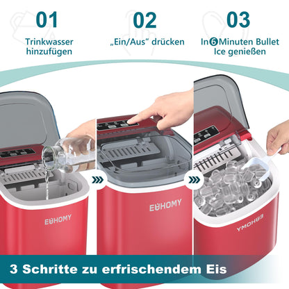 EUHOMY Eiswürfelmaschine Klein, 12 kg/Tag, Selbstreinigend, Rot