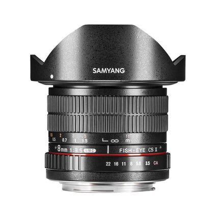 Samyang 3.5/8mm Fisheye II Objektiv Sony A Manuell Schwarz. Schwarzes Fisheye mit gewölbter Frontlinse für extrem weite, verzerrte Superweitwinkel.