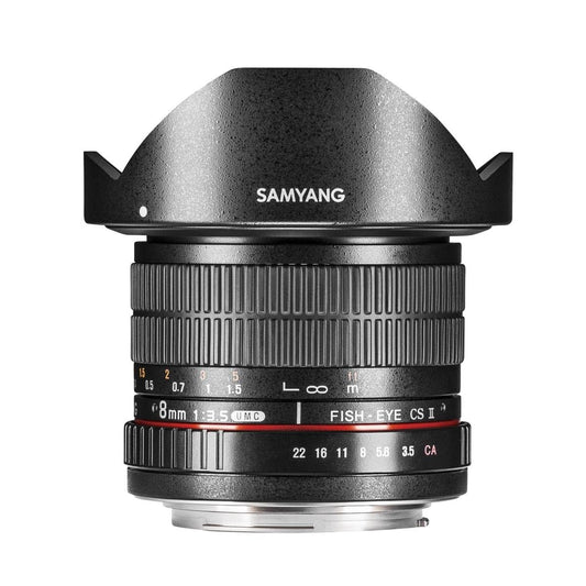 Samyang 3.5/8mm Fisheye II Objektiv Sony A Manuell Schwarz. Schwarzes Fisheye mit gewölbter Frontlinse für extrem weite, verzerrte Superweitwinkel.