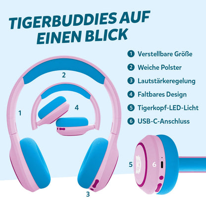 tigermedia tigerbuddies Bluetooth Kinderkopfhörer, faltbar, 85 dB