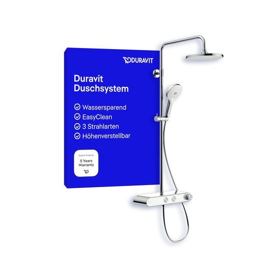 Duravit Duschsystem – Thermostat, wassersparend Chrom/Weiss. Chrom/weißes Duschsystem für thermostatische Temperaturregelung.