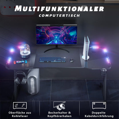 HLONONE Gaming Schreibtisch 140x60cm mit LED – Schwarz