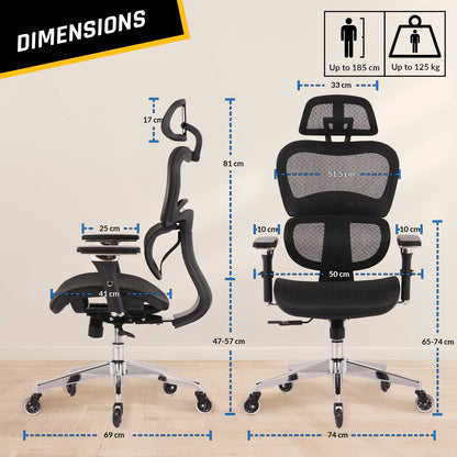 KLIM K800 Ergonomischer Bürostuhl – Lendenstütze, 4D Armlehnen