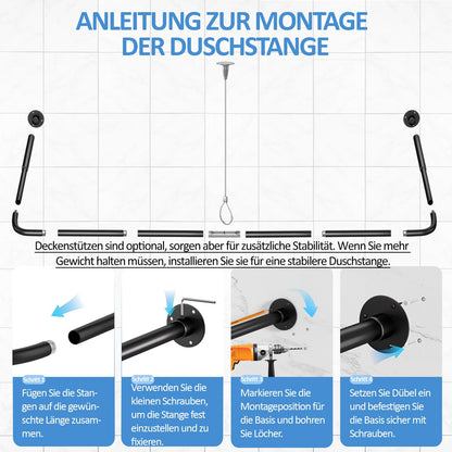 Tuqaki Duschvorhangstange U-/L-Form, verstellbar, schwarz