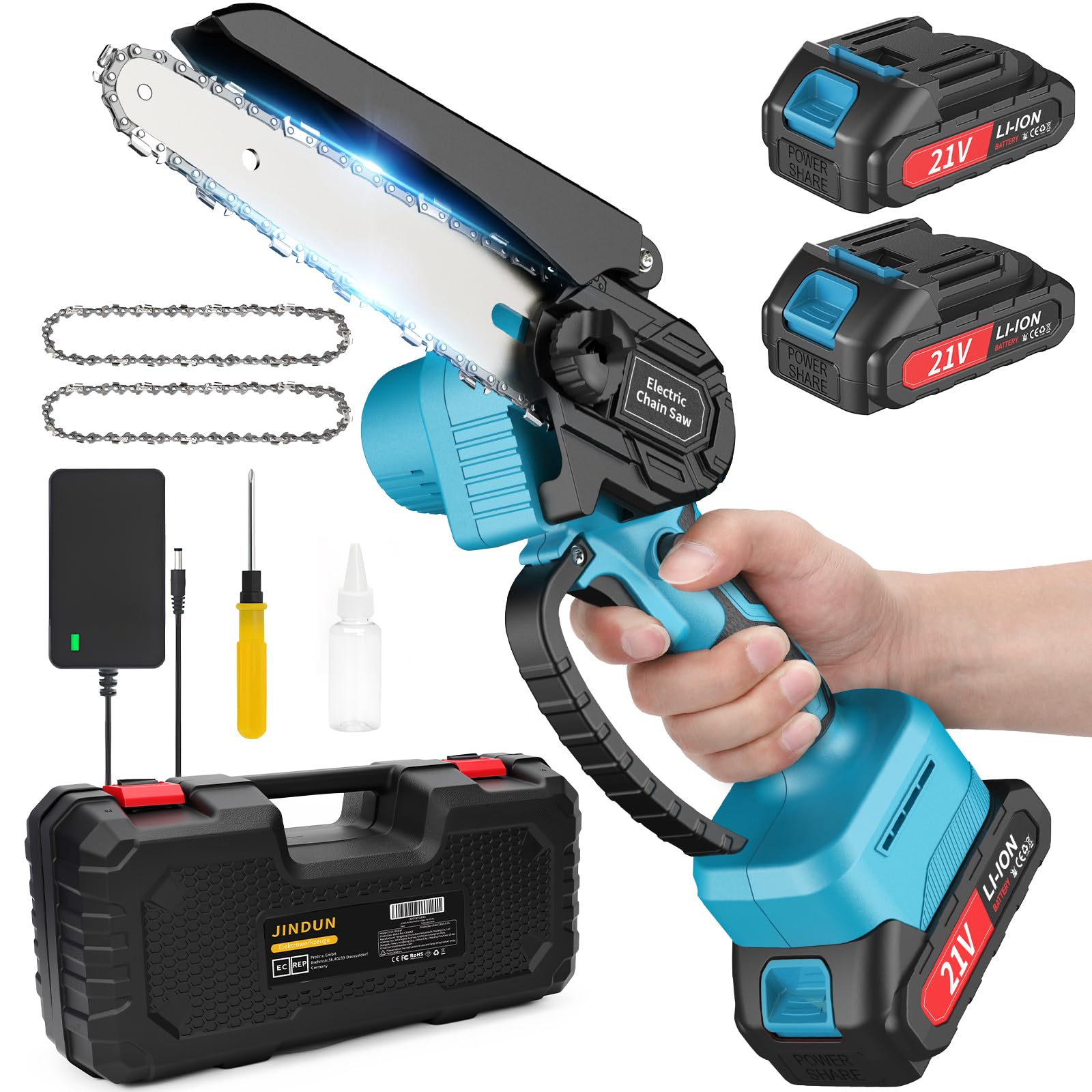 JINDUN Mini Akku Kettensäge 21V 6 Zoll mit 2 Akkus und Ladegerät, kompakte Bauweise mit Sicherheitsabdeckung