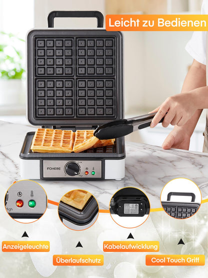 FOHERE Waffeleisen 2030, 1200 Watt, 4 Waffeln, Antihaftbeschichtung