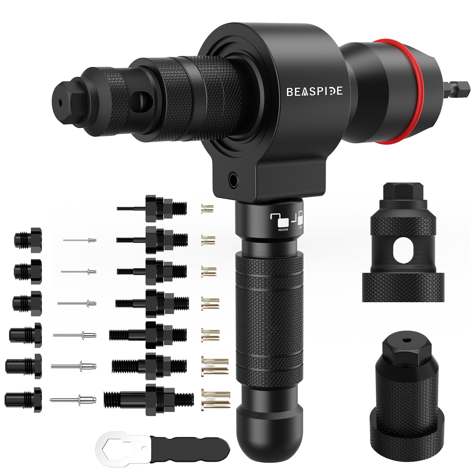 Beaspire 2-in-1 Nietaufsatz & Nietmutternzange für Akkuschrauber. Metallischer Aufsatz. Setzt Blindnieten & Nietmuttern mit Akkuschrauber.