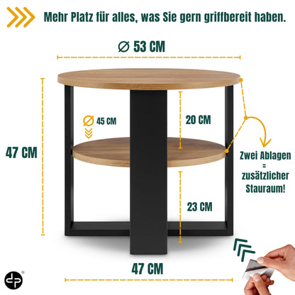 defiPad Couchtisch rund Eiche Ø 53 cm – Beistelltisch mit Ablage