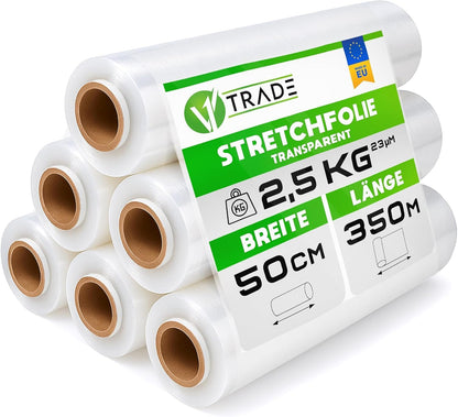 V1 Trade Stretchfolie transparent, 350 m x 50 cm, 6 Rollen – Folienrolle zum Einwickeln von Möbeln und Paletten