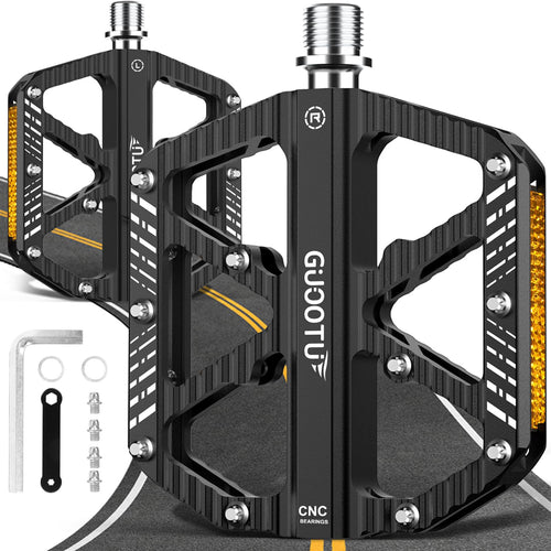 GUOOTU Fahrradpedale CNC Aluminium MTB Flachpedale schwarz, Pedalpaar mit Antirutsch-Pins und Reflektoren