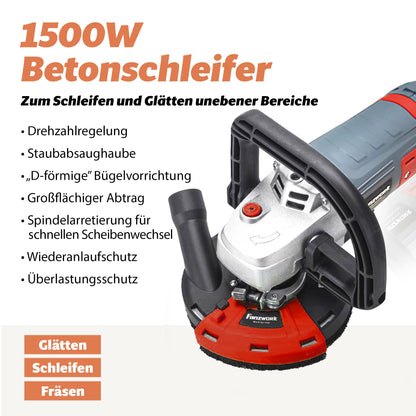 FANZWORK Betonschleifer Sanierungsfräse Set - 1500W 125mm