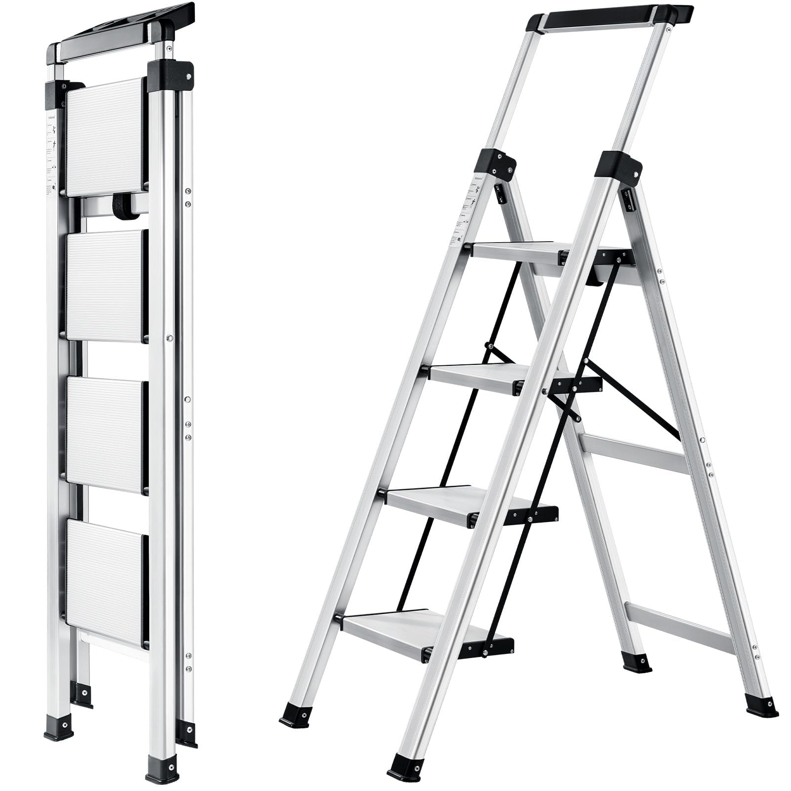 XinSunho Stufenleiter 4 Stufen klappbar – Alu, Ablage, Handlauf. Eine klappbare Aluminiumleiter mit 4 Trittstufen, Ablage und Handlauf. Steighilfe für erhöhte Arbeitshöhen.