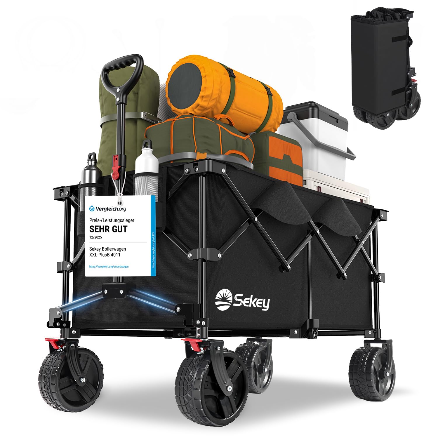 Sekey XXL Plus Bollerwagen faltbar mit Bremsen, 200 L, schwarz, extra breite All-Terrain-Räder